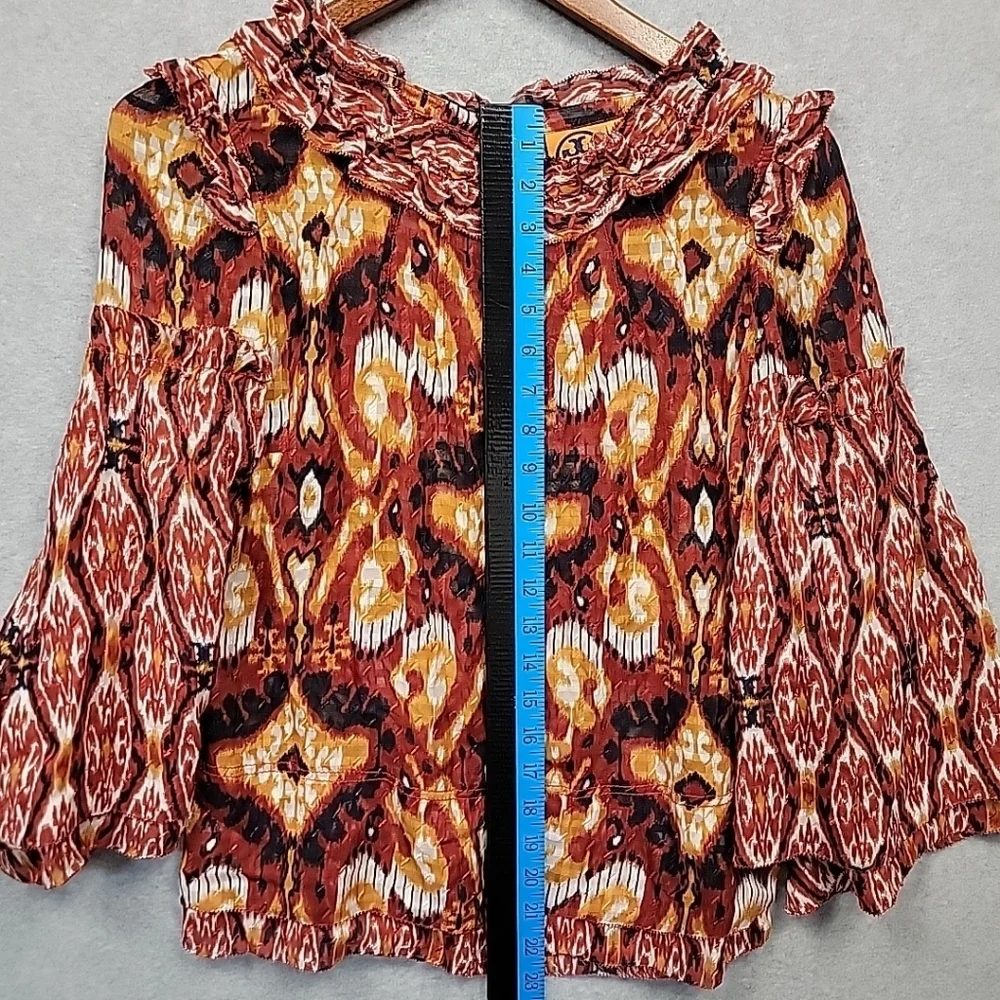 Tory Burch Silk Ikat Boho Blouse Size 6 Ruffle Peasant Flared Sleeve Layered Top
